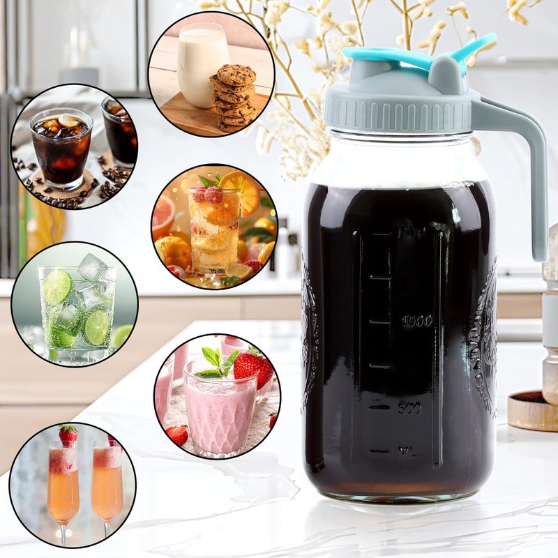GMSWEET Cold Brew Coffee Maker 64 Oz Wide Mouth Mason Jar Iced Coffee Maker 2 Set Half Gallon Glass Pitcher With Strainer 2 Quart Cold Brew Pitcher With Spout Lids For Fridge, Lemonade, Cold Brew, Milk - Image 4